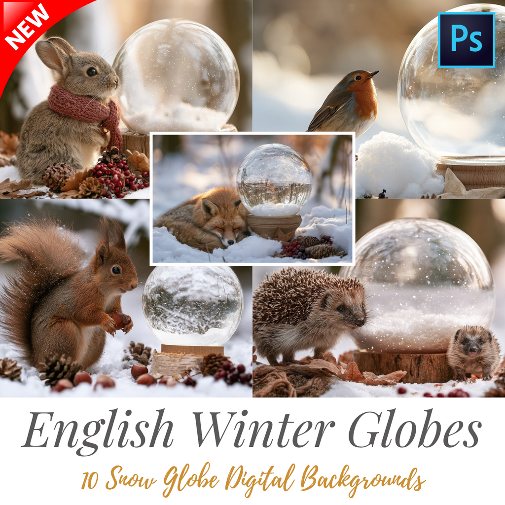 English & European Winter Animals - 10 Snow Globe Digital Backgrounds