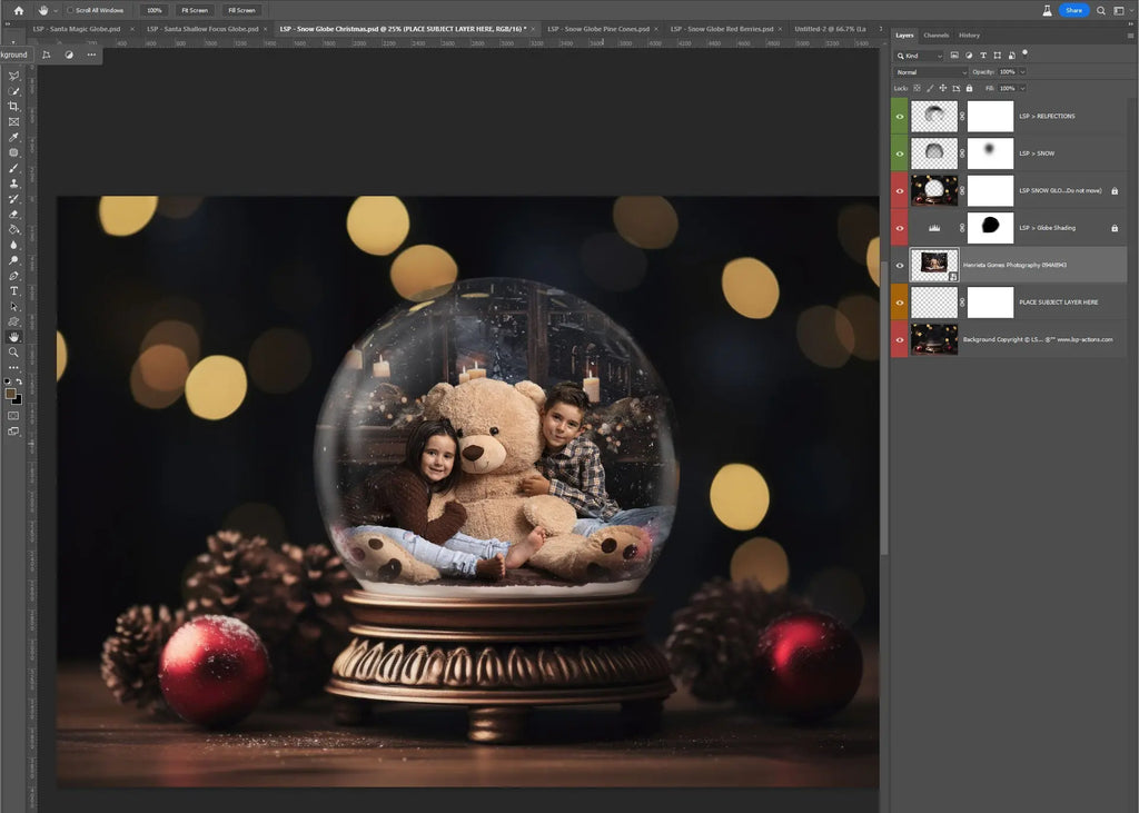 Snow Globe Christmas Digital Background Bundle Overlays: String Lights