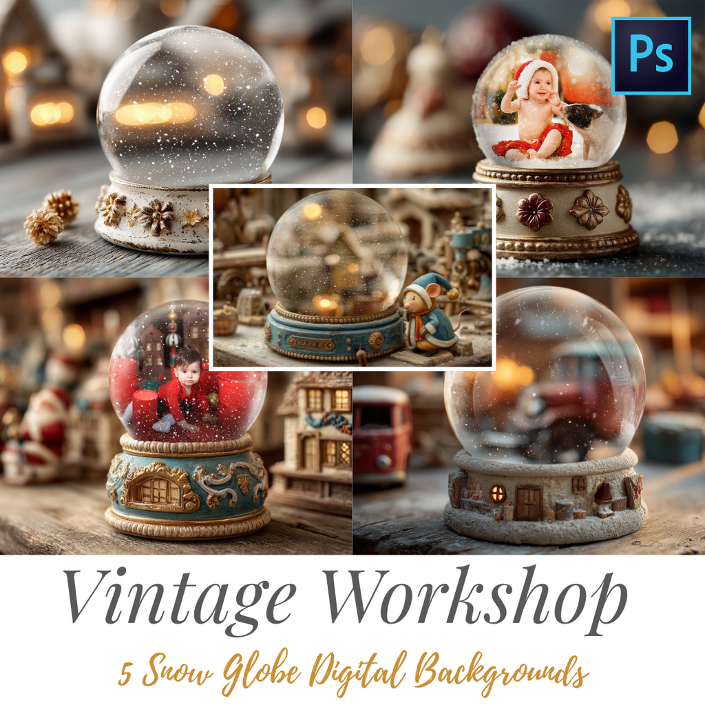 Vintage Toy Workshop - 5 Snow Globe Digital Backgrounds