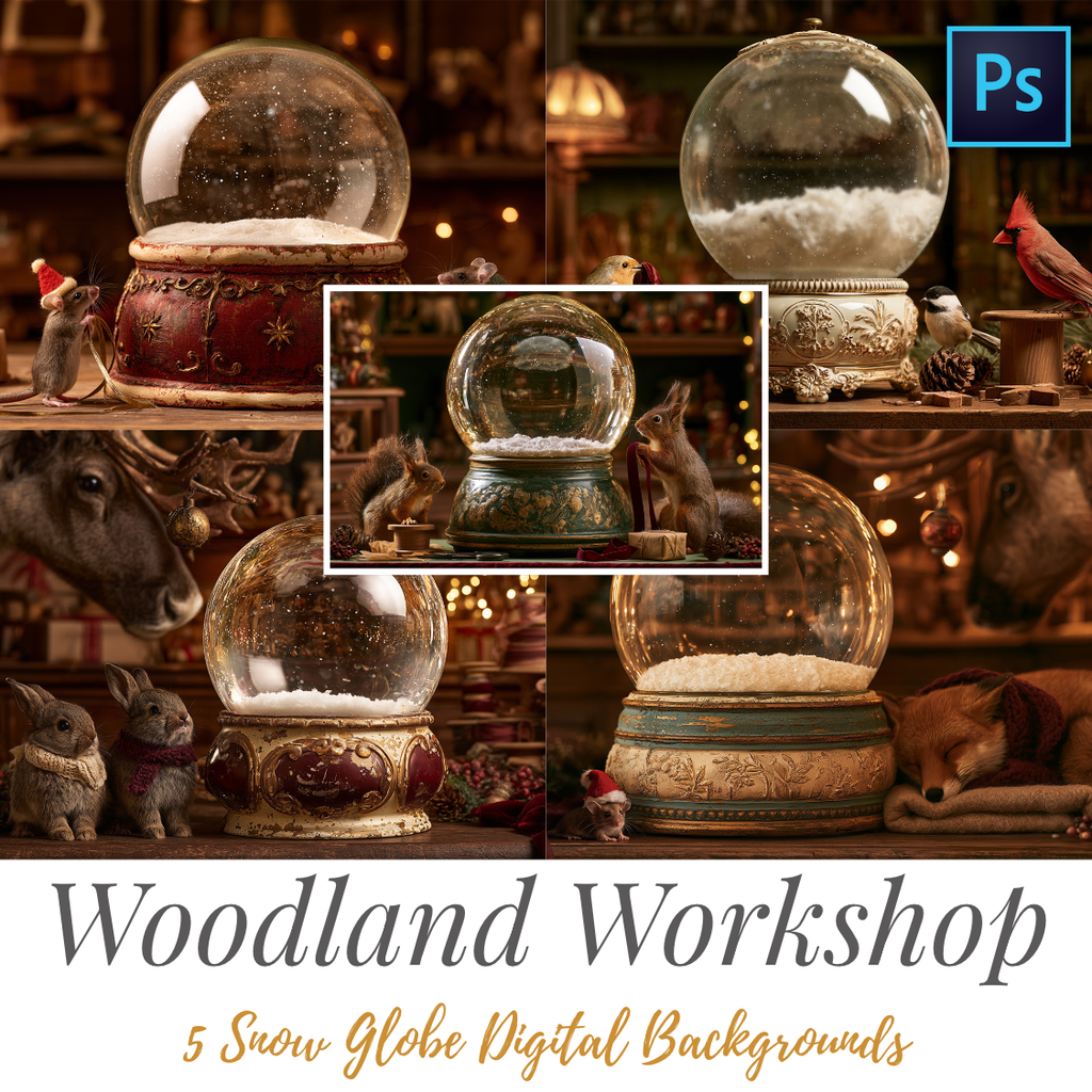 Santa's Woodland Workshop - 5 Snow Globe Digital Backgrounds + BONUS
